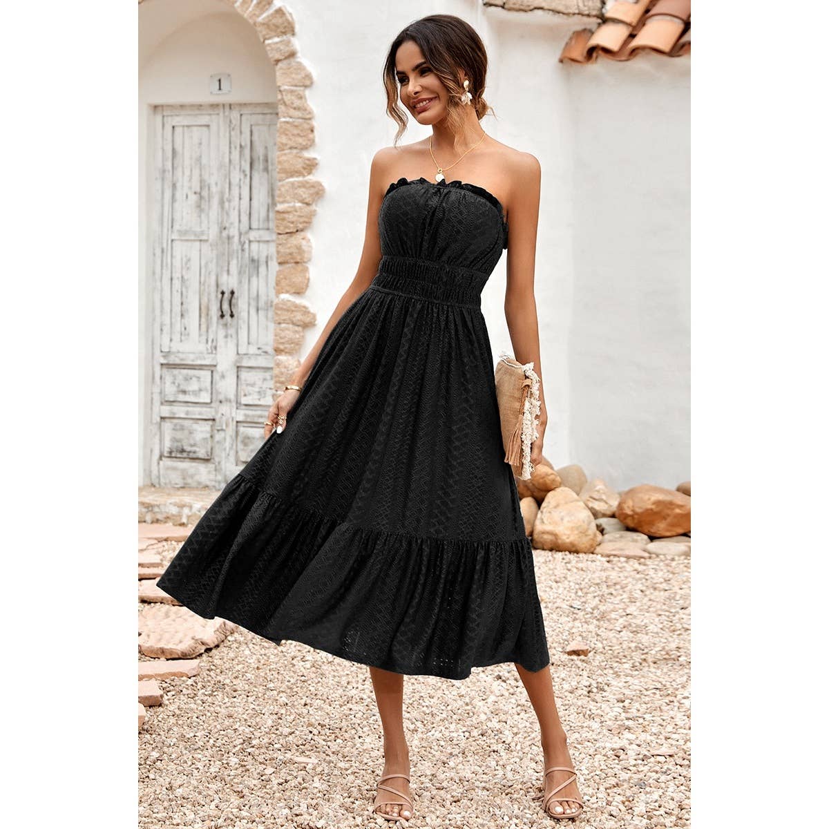 Solid Off Shoulder Elasit Waist Ruffle Dress