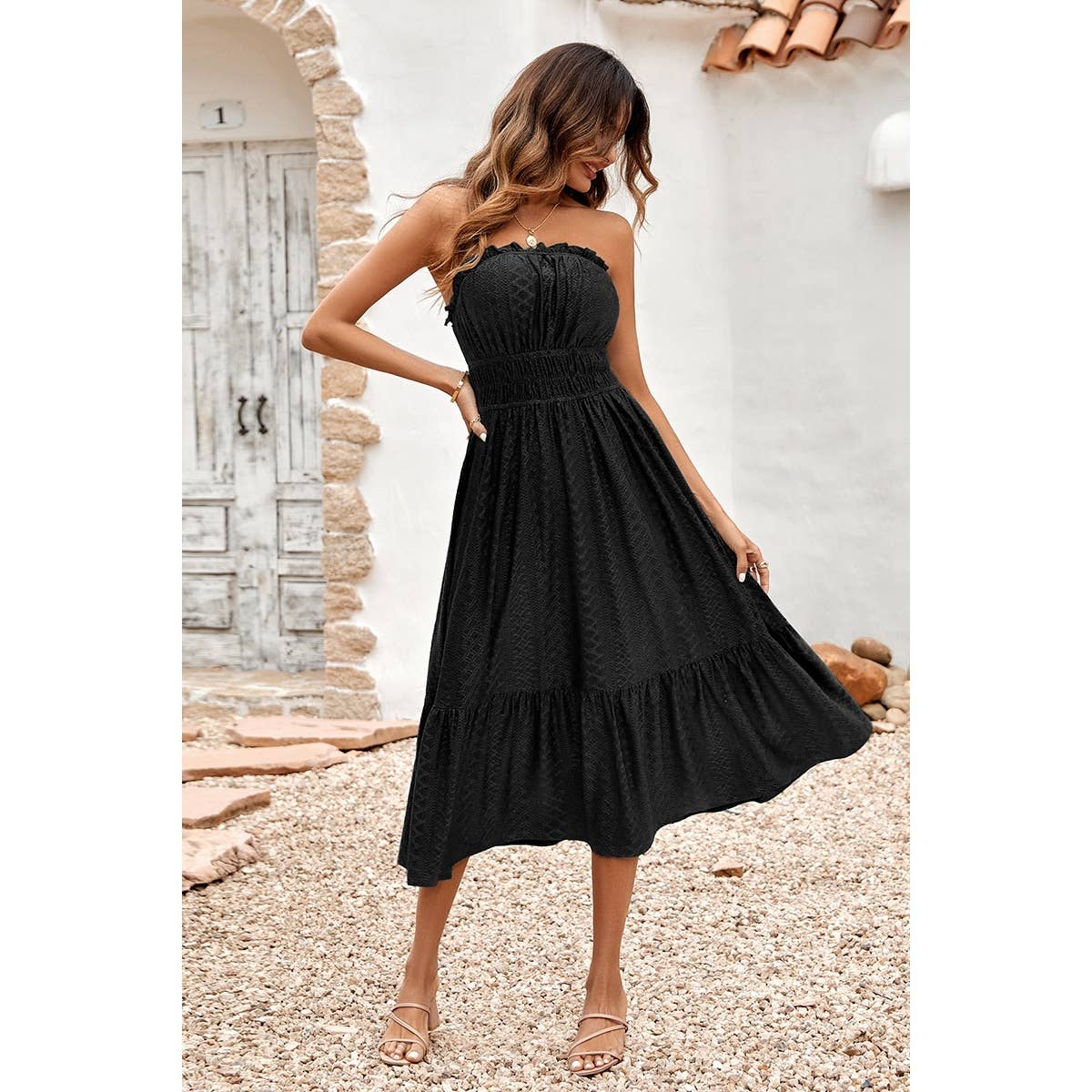 Solid Off Shoulder Elasit Waist Ruffle Dress