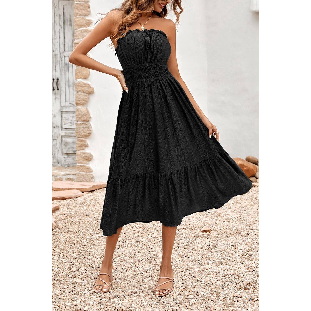 Solid Off Shoulder Elasit Waist Ruffle Dress