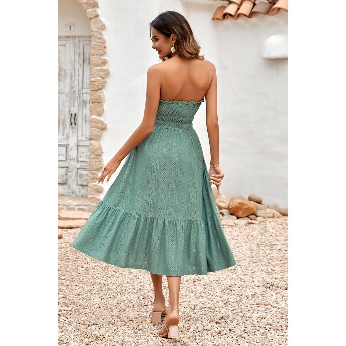 Solid Off Shoulder Elasit Waist Ruffle Dress