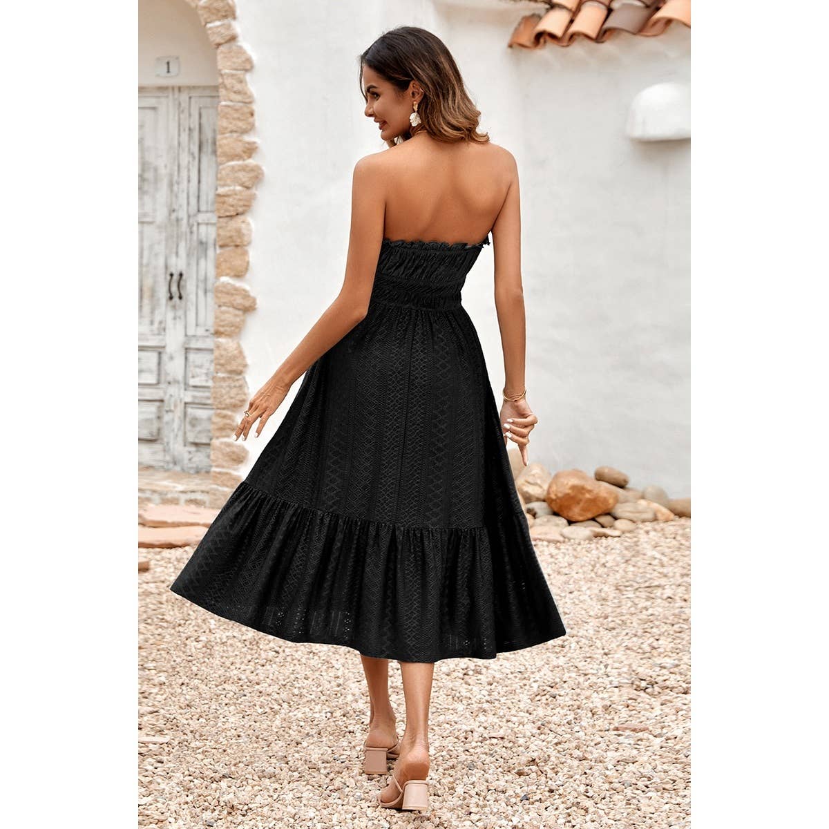 Solid Off Shoulder Elasit Waist Ruffle Dress