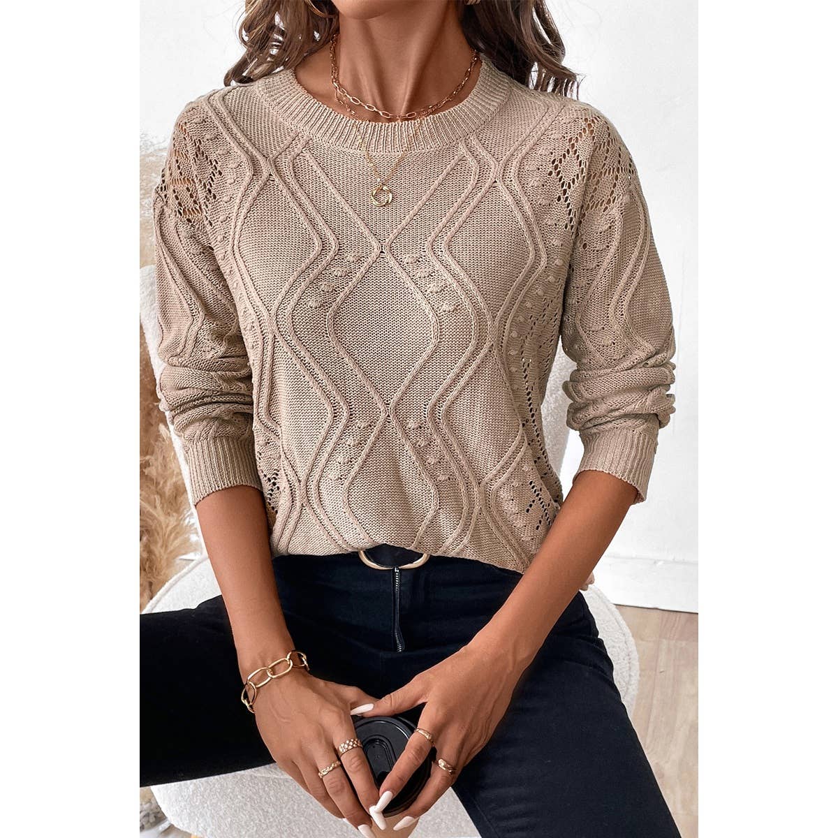 Solid Round Neck Hollow Rib Knit Pullover Sweater | Knit Sweater - Women's | F, new arrival, shoppe247, SWEATER, Sweaters | Elings