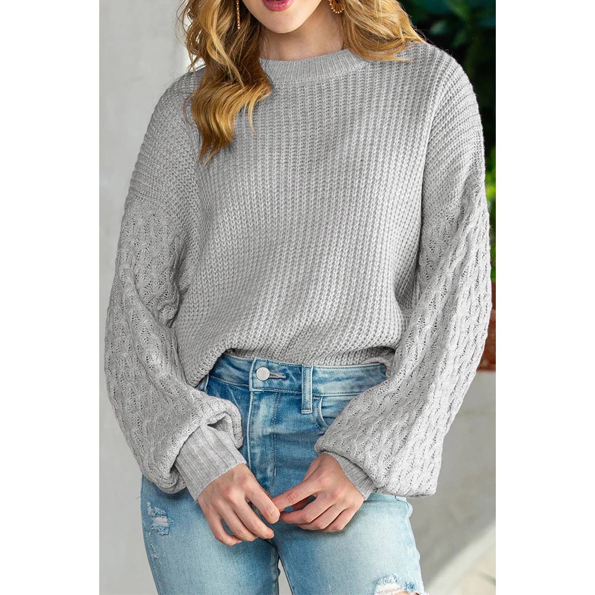 Solid Round Neck Loose Sleeve Rib Knit Sweater