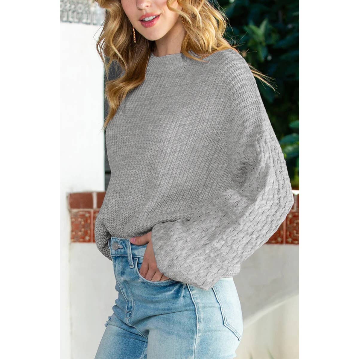 Solid Round Neck Loose Sleeve Rib Knit Sweater