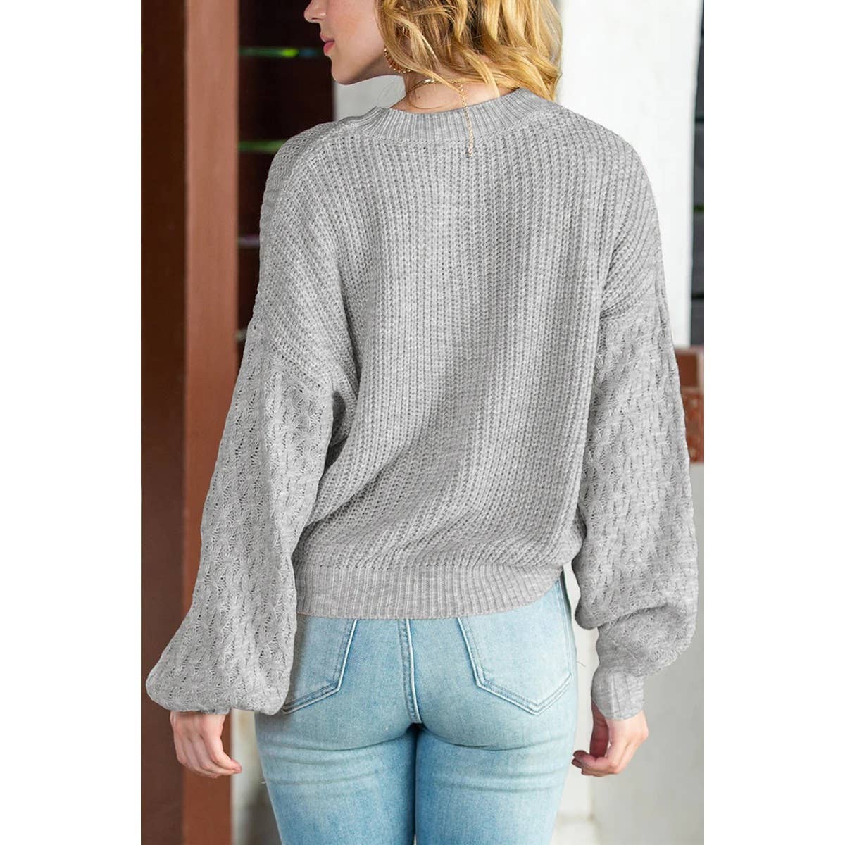 Solid Round Neck Loose Sleeve Rib Knit Sweater