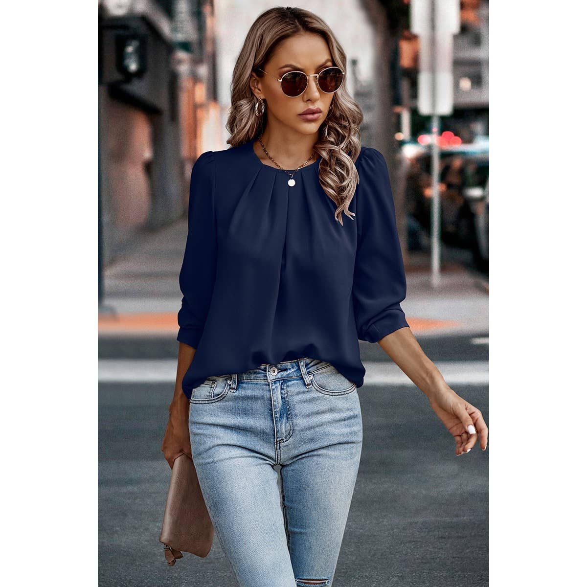 Solid Round Neck Ruched Loose Fit Blouse