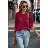 Solid Round Neck Ruched Loose Fit Blouse