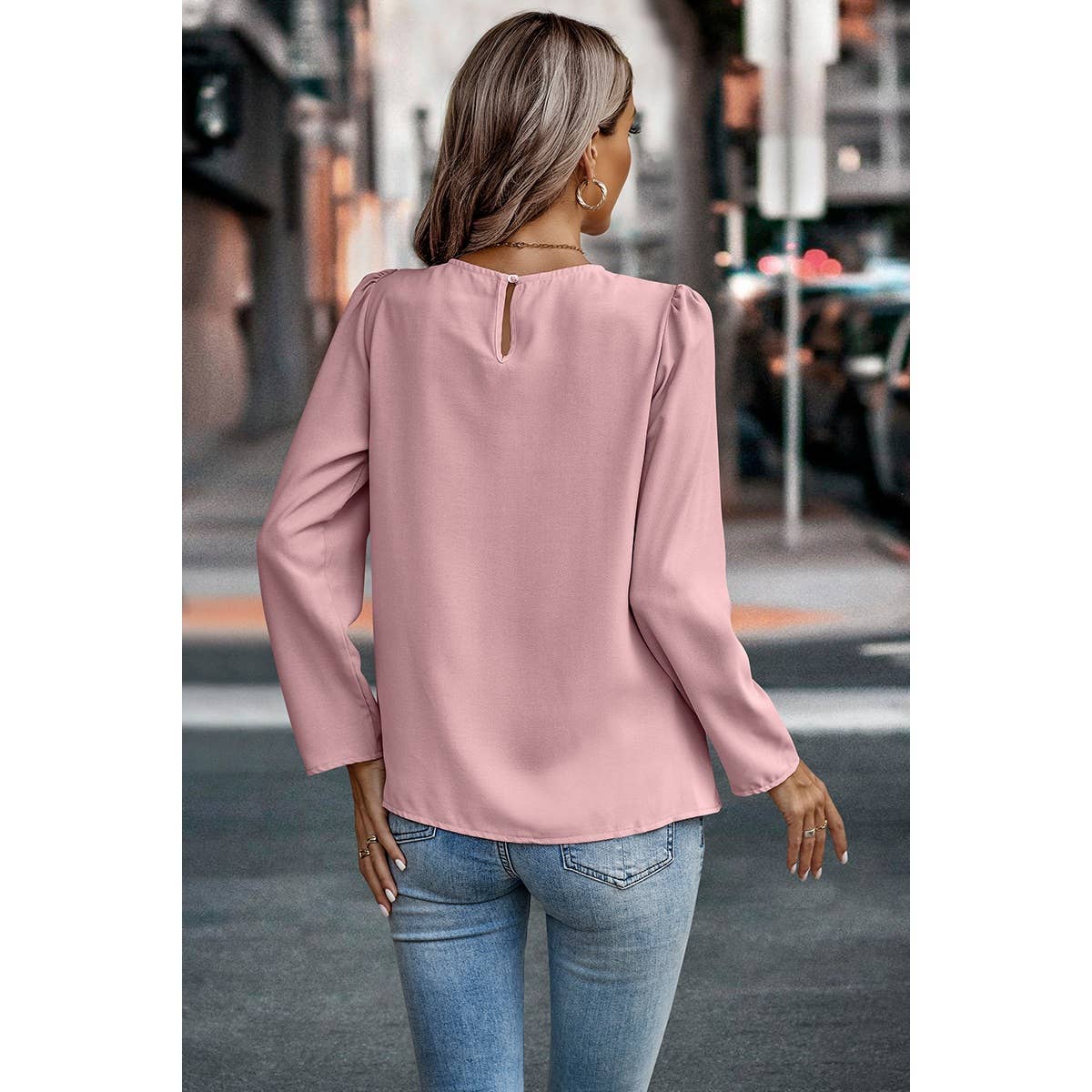 Solid Round Neck Ruched Loose Fit Blouse