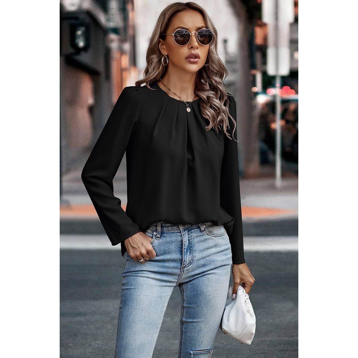 Solid Round Neck Ruched Loose Fit Blouse