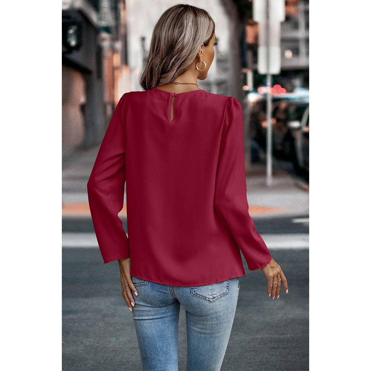 Solid Round Neck Ruched Loose Fit Blouse