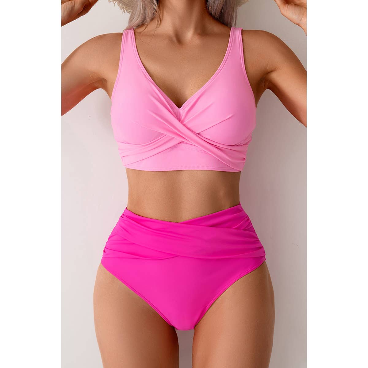 Solid Ruched High Waist Cross Push Up Swimsuit