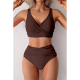 Solid Ruched High Waist Cross Push Up Swimsuit