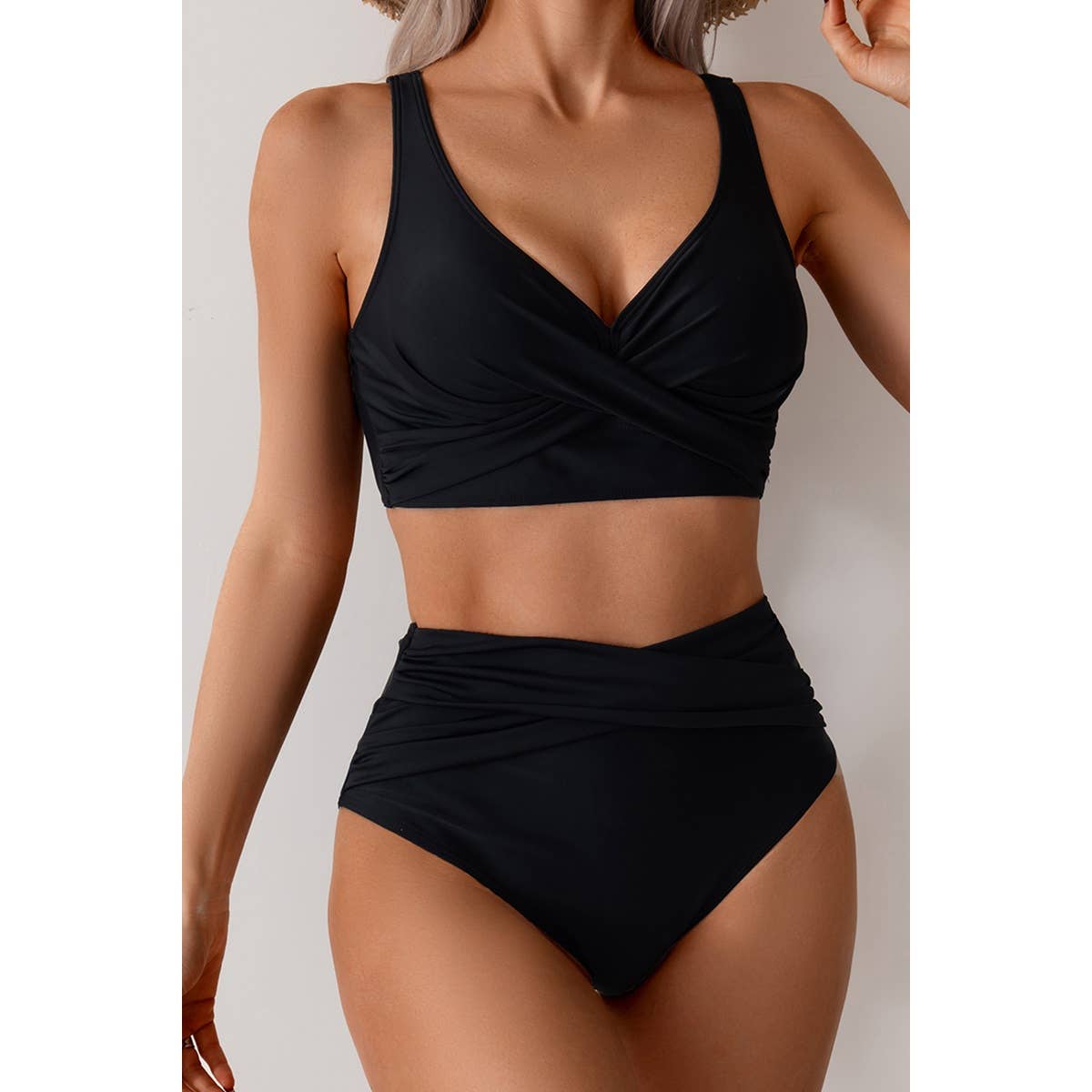 Solid Ruched High Waist Cross Push Up Swimsuit