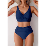 Solid Ruched High Waist Cross Push Up Swimsuit