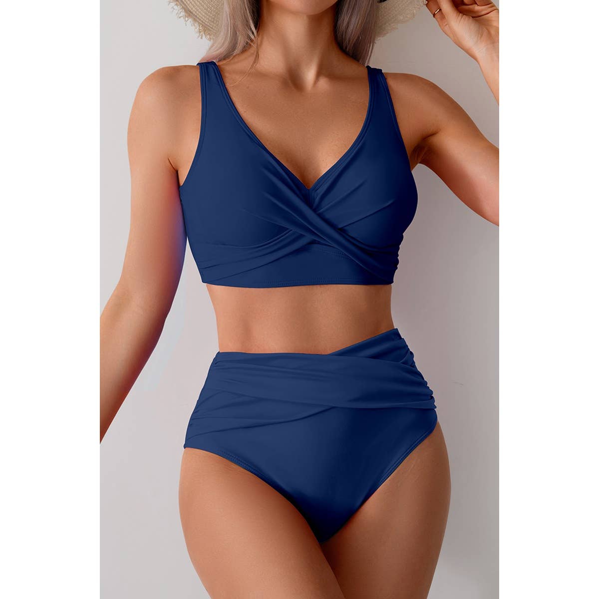 Solid Ruched High Waist Cross Push Up Swimsuit