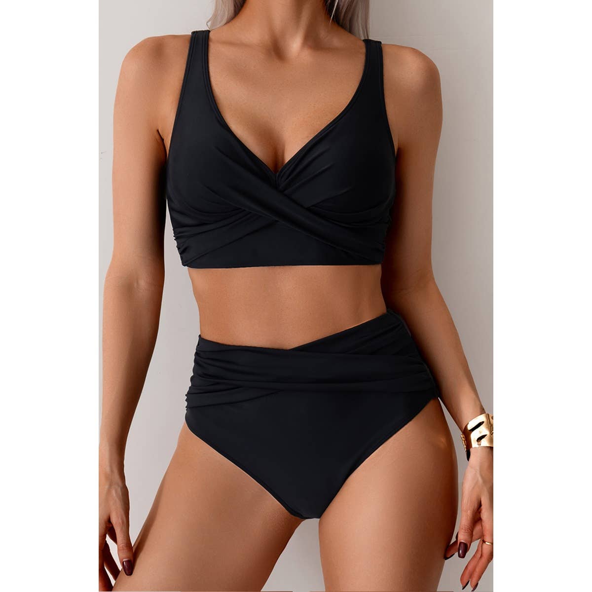 Solid Ruched High Waist Cross Push Up Swimsuit