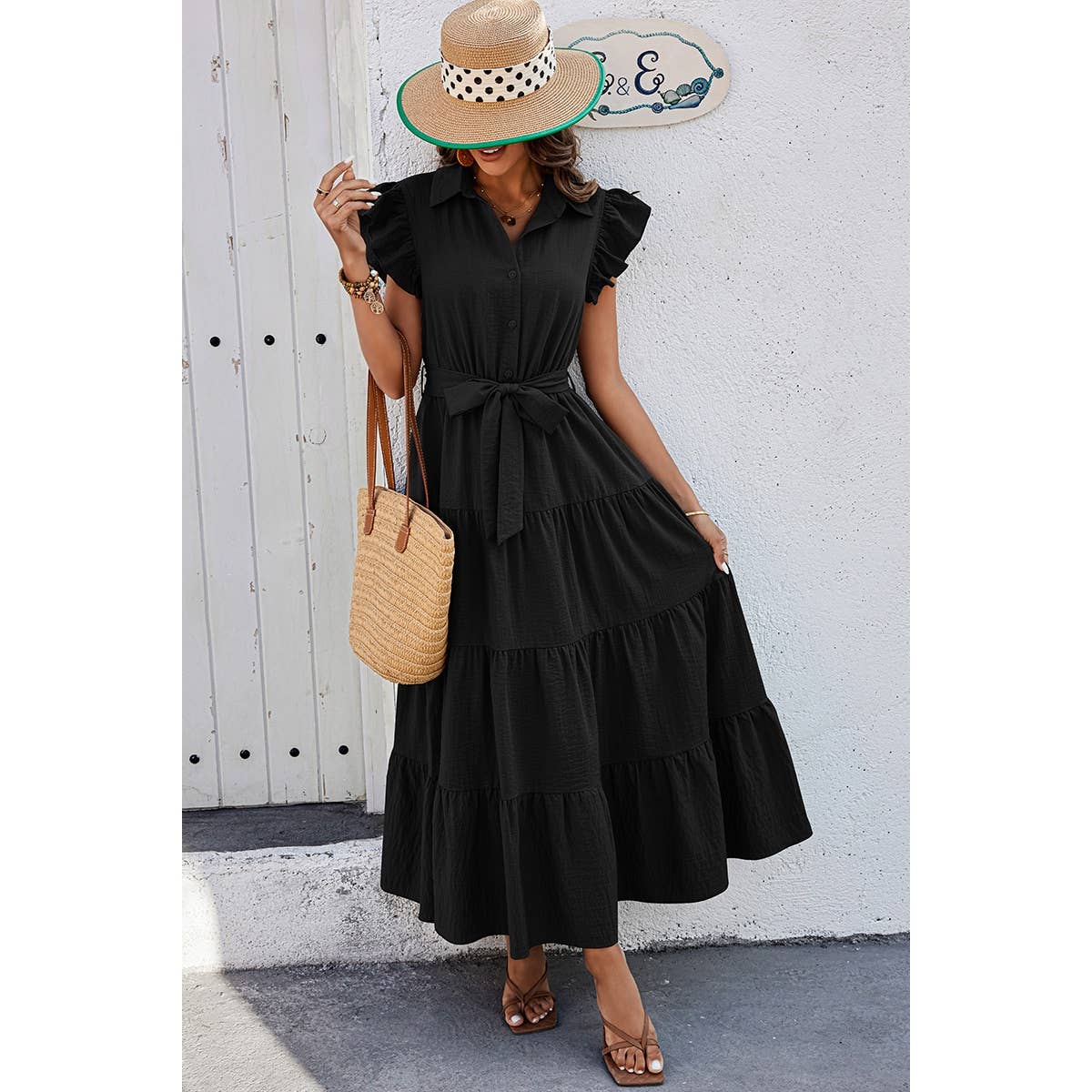 Solid Ruffle Hem Button Knot Belt Fit Long Dress