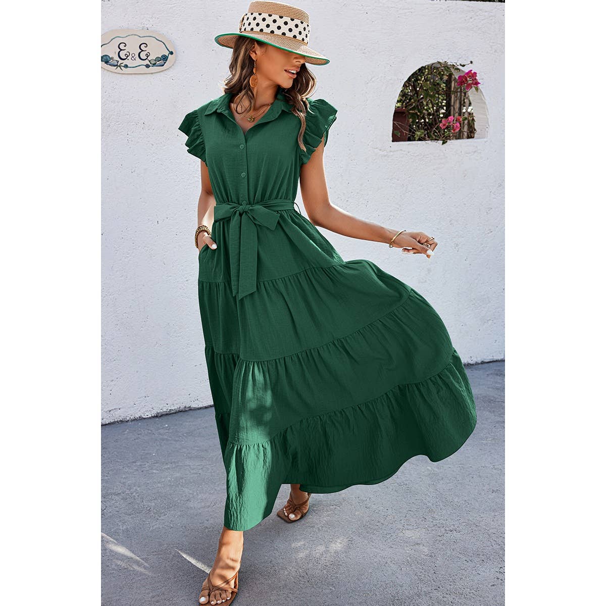 Solid Ruffle Hem Button Knot Belt Fit Long Dress