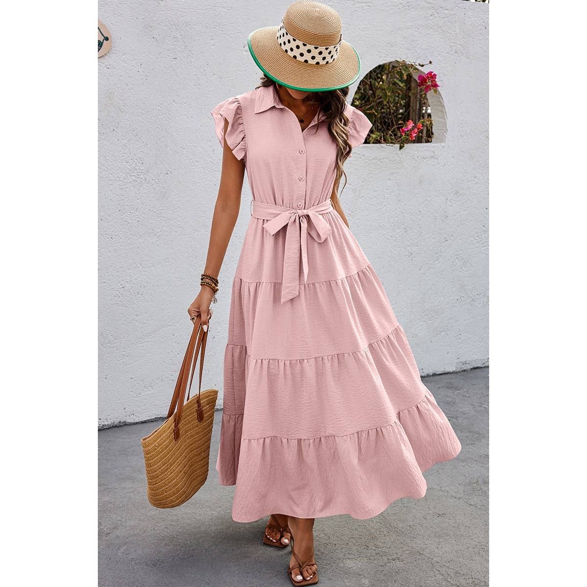 Solid Ruffle Hem Button Knot Belt Fit Long Dress