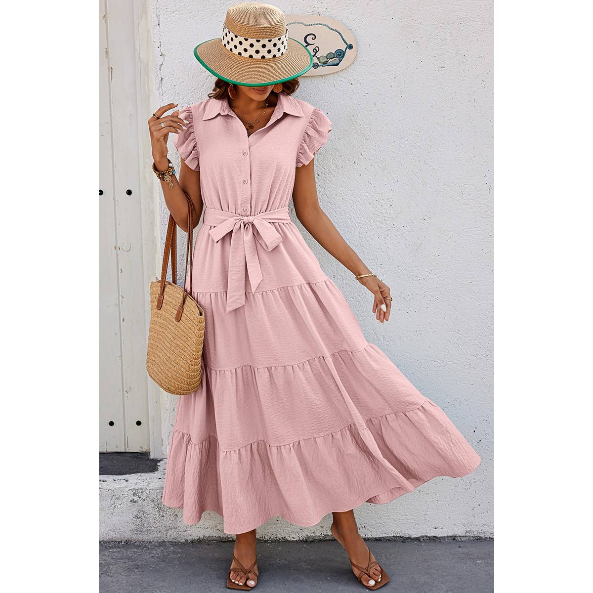 Solid Ruffle Hem Button Knot Belt Fit Long Dress