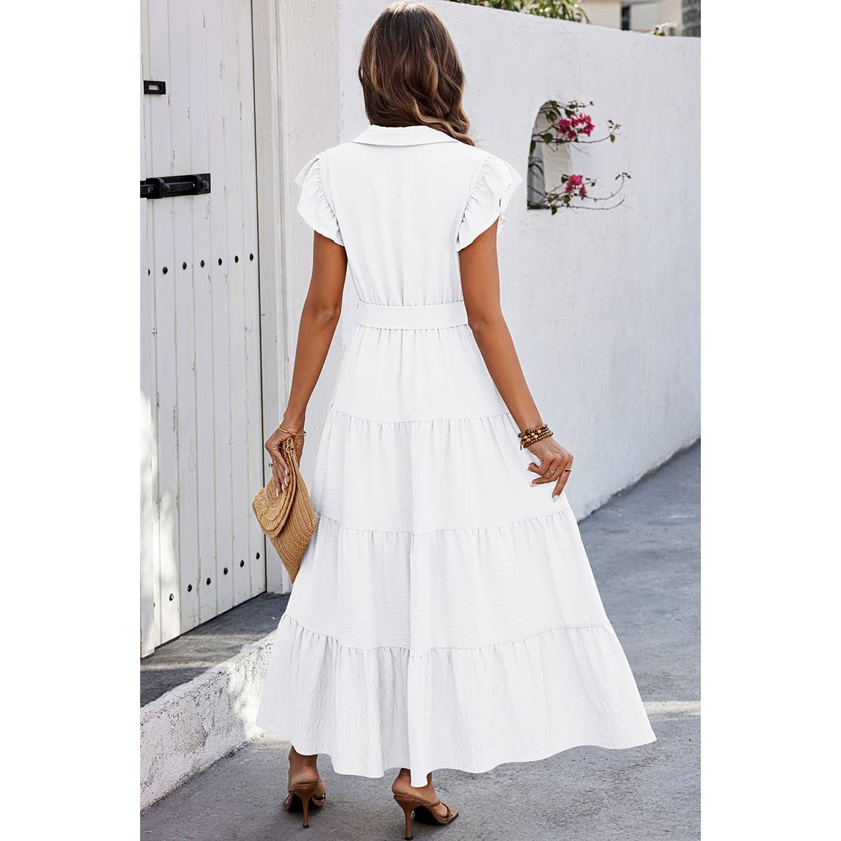 Solid Ruffle Hem Button Knot Belt Fit Long Dress