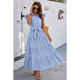 Solid Ruffle Hem Button Knot Belt Fit Long Dress