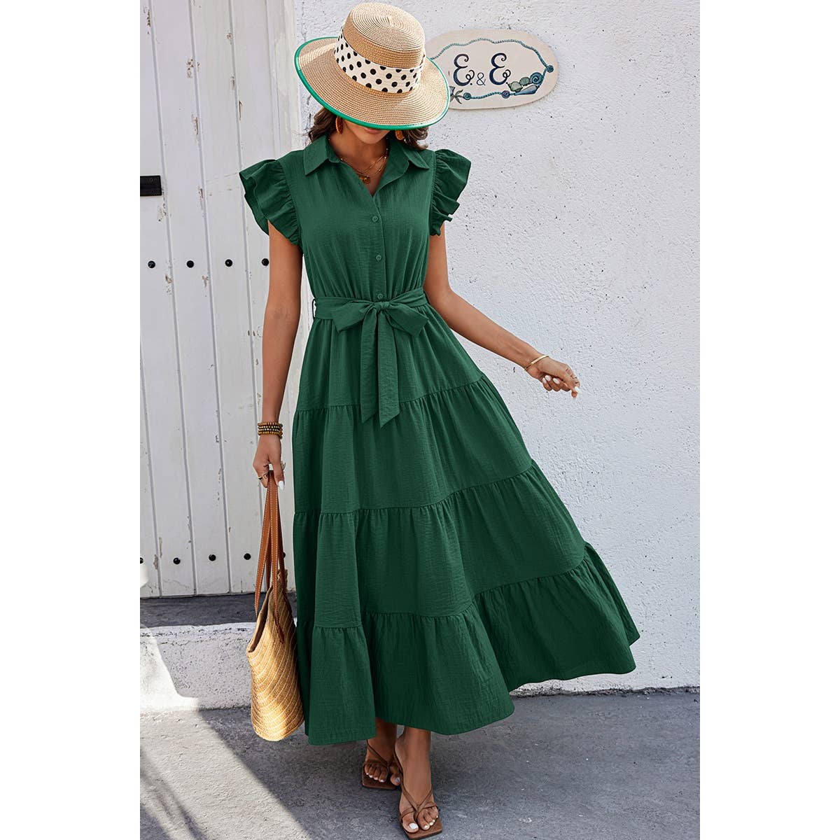 Solid Ruffle Hem Button Knot Belt Fit Long Dress