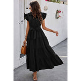 Solid Ruffle Hem Button Knot Belt Fit Long Dress