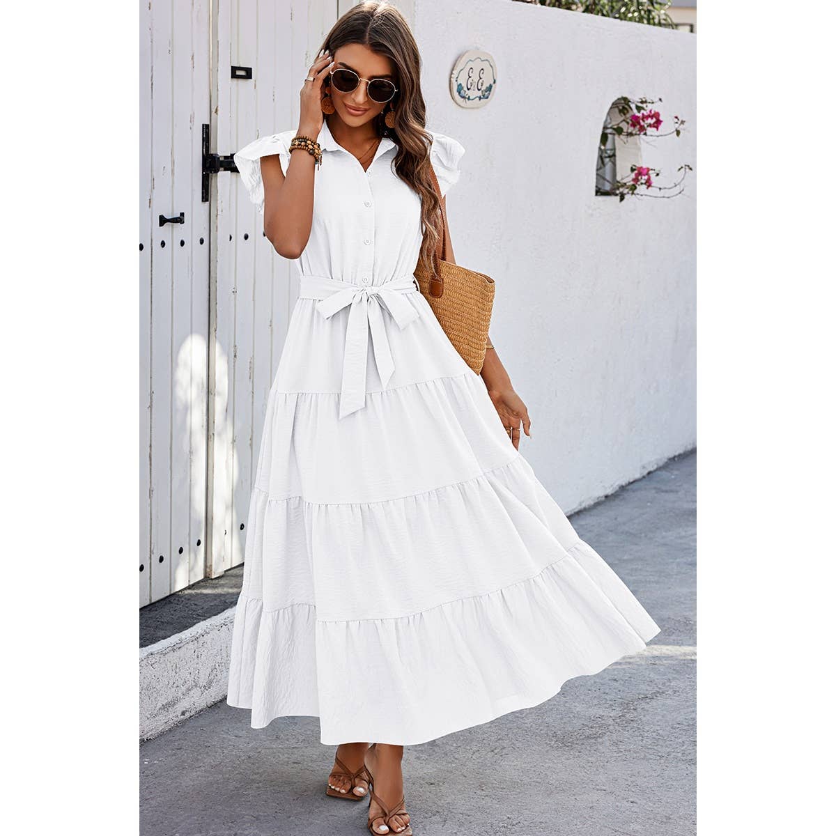 Solid Ruffle Hem Button Knot Belt Fit Long Dress