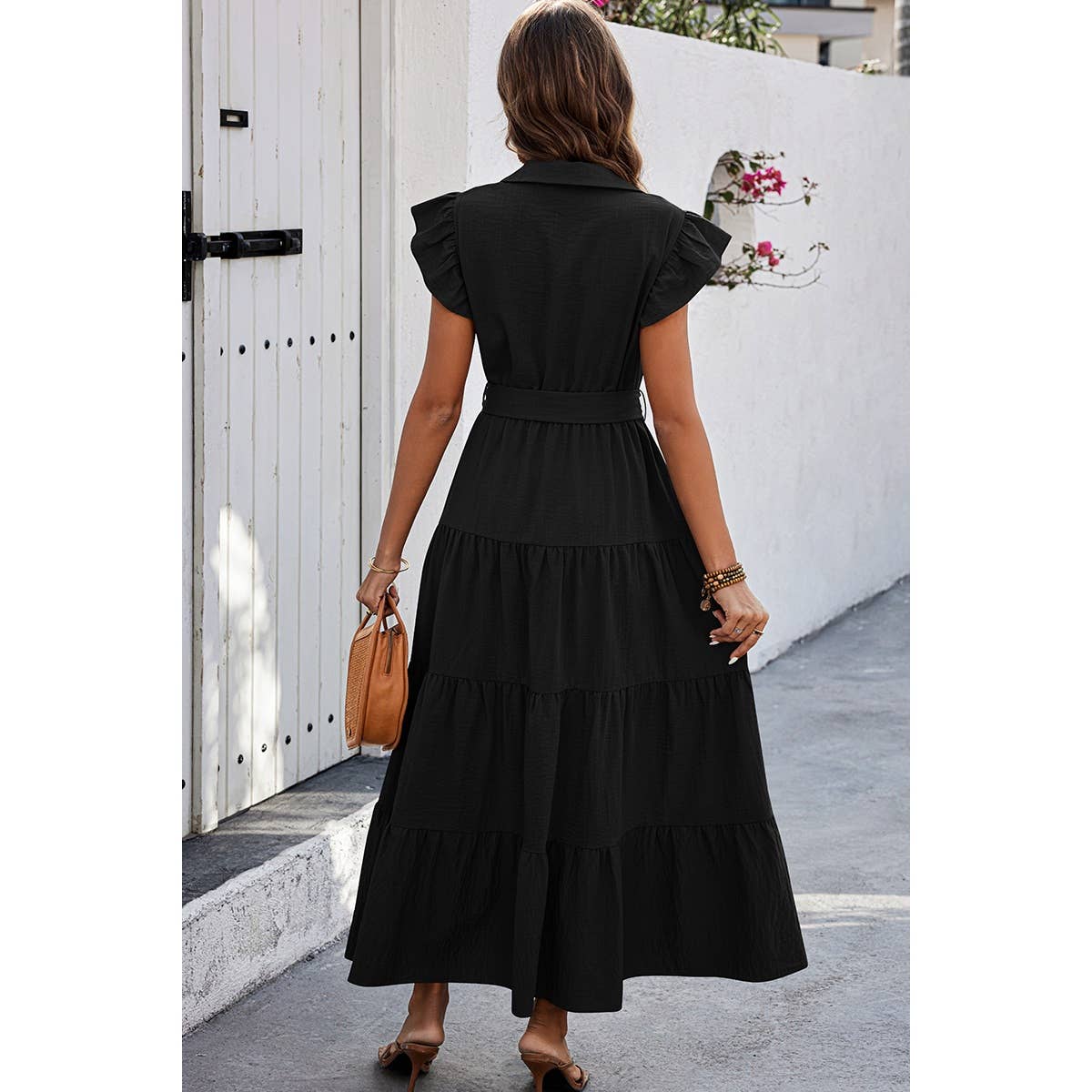 Solid Ruffle Hem Button Knot Belt Fit Long Dress