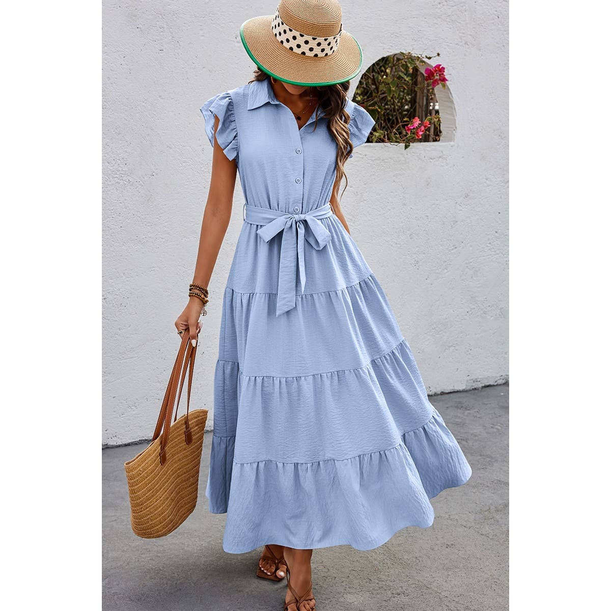 Solid Ruffle Hem Button Knot Belt Fit Long Dress