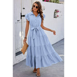 Solid Ruffle Hem Button Knot Belt Fit Long Dress