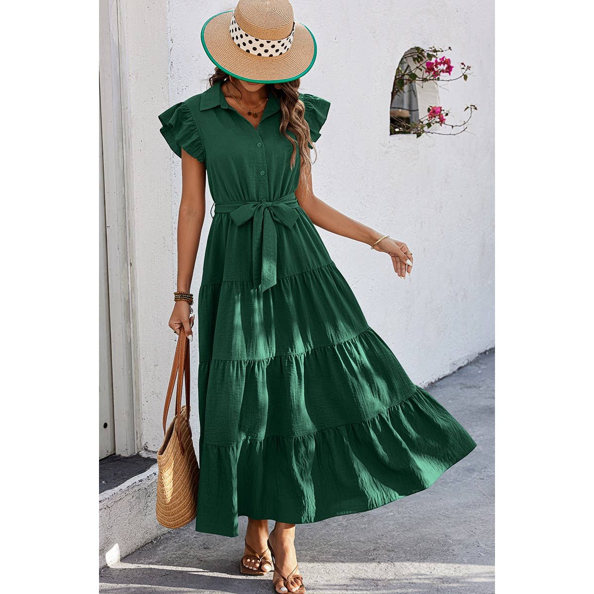 Solid Ruffle Hem Button Knot Belt Fit Long Dress