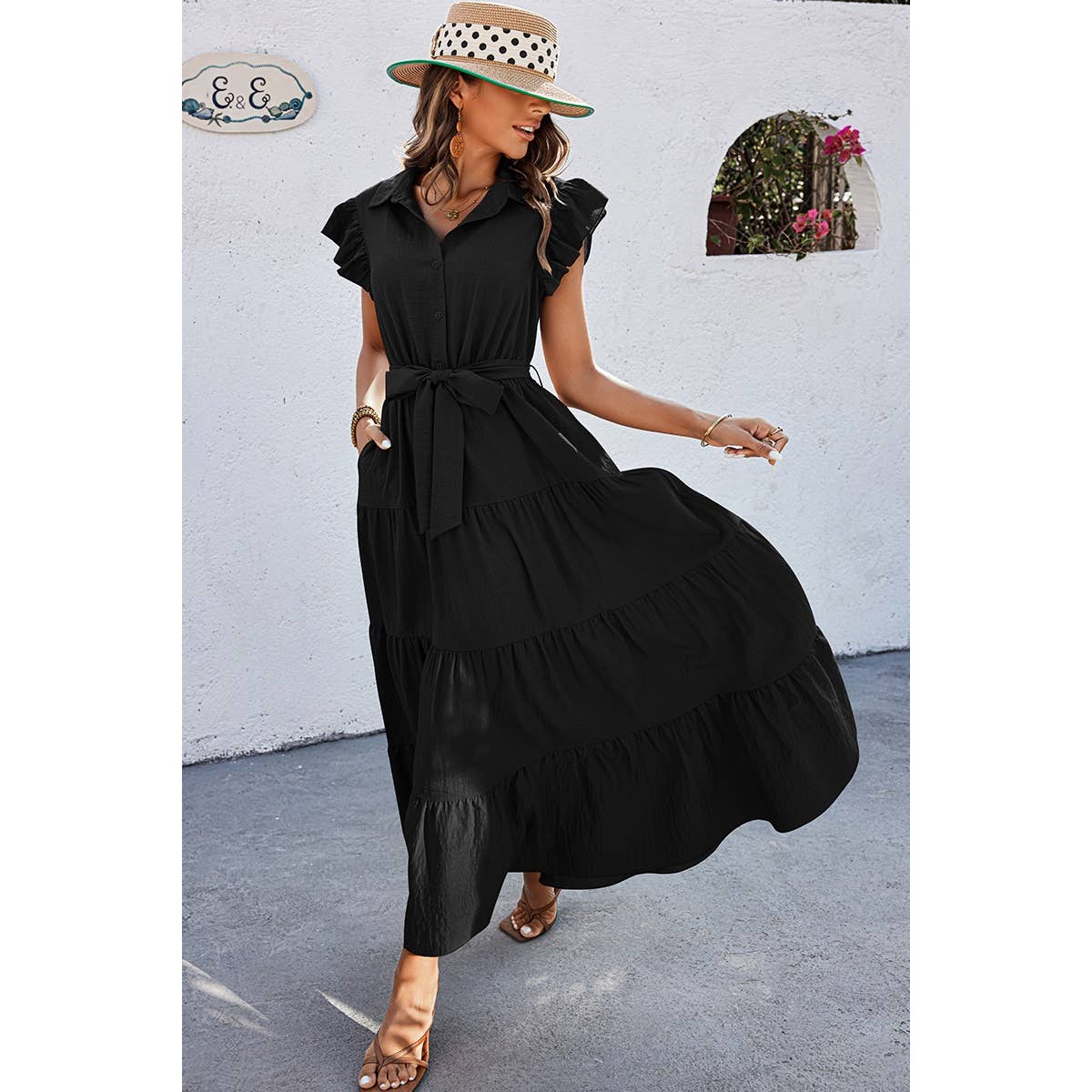 Solid Ruffle Hem Button Knot Belt Fit Long Dress | Dress - Women's | 2402, Dress, F, maxi dress, new arrival, shoppe247 | Elings