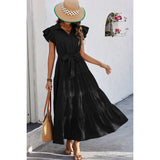 Solid Ruffle Hem Button Knot Belt Fit Long Dress