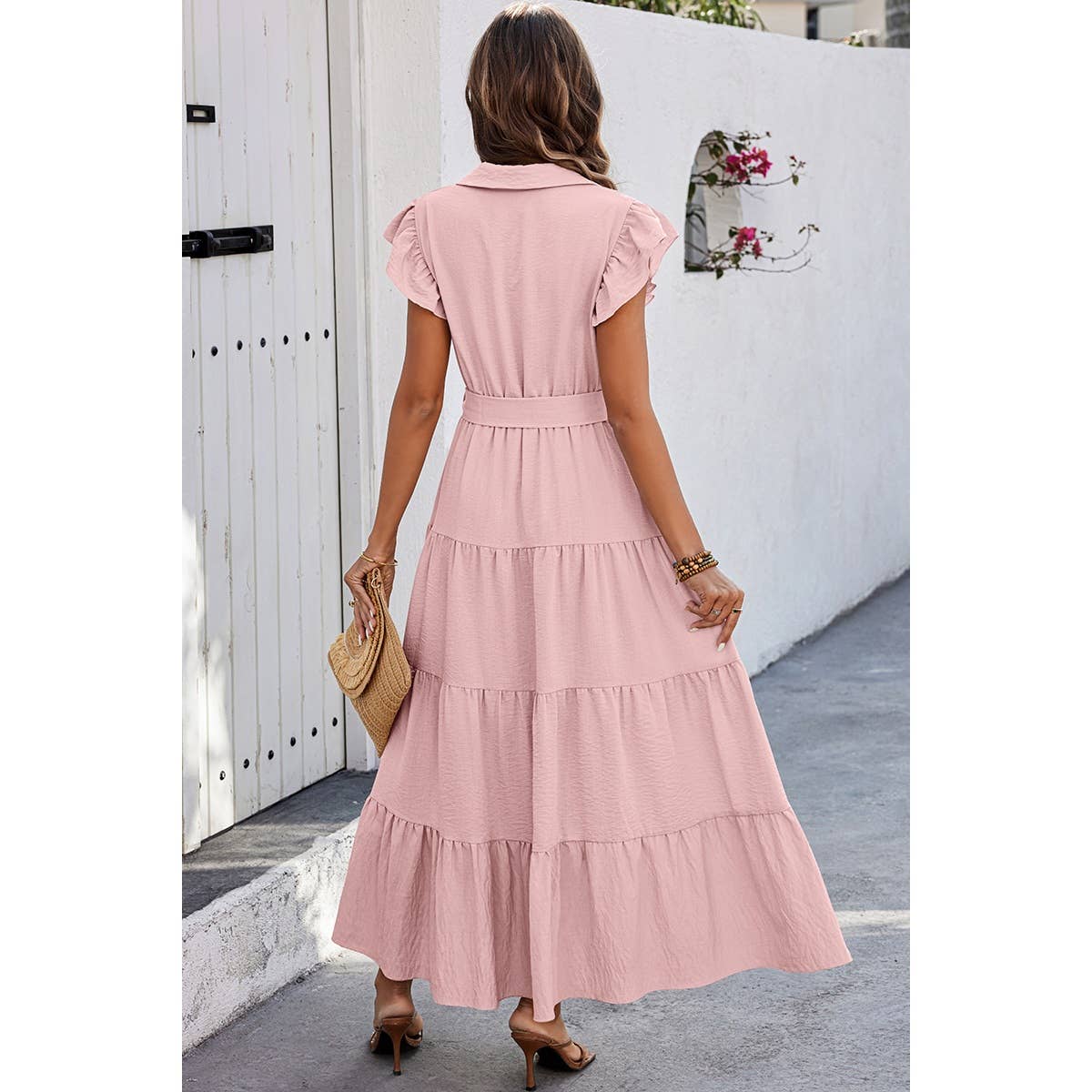 Solid Ruffle Hem Button Knot Belt Fit Long Dress