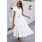 Solid Ruffle Hem Button Knot Belt Fit Long Dress