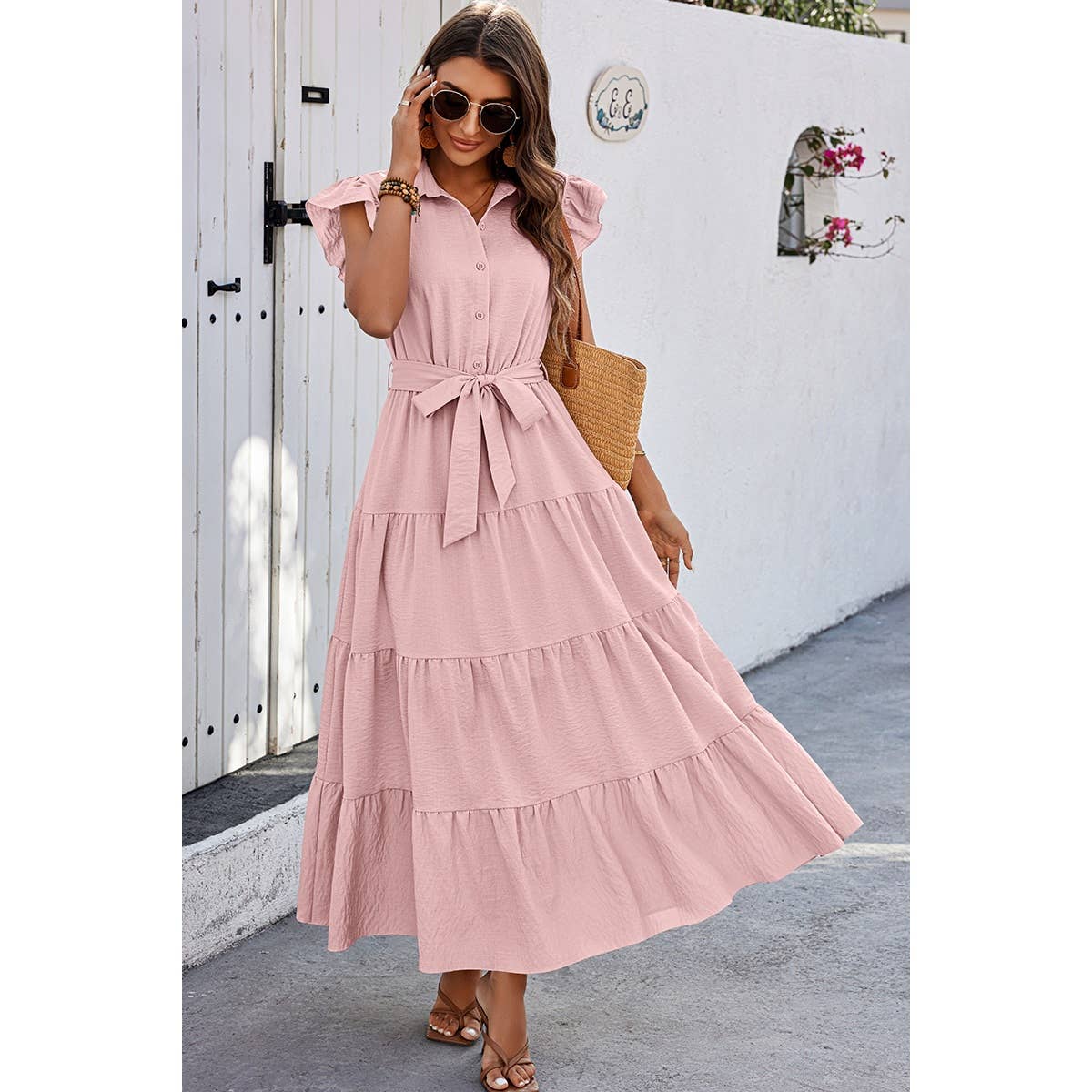 Solid Ruffle Hem Button Knot Belt Fit Long Dress