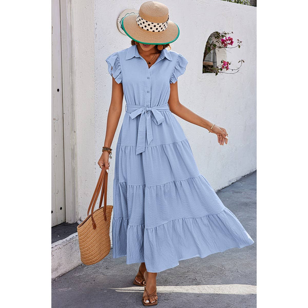 Solid Ruffle Hem Button Knot Belt Fit Long Dress