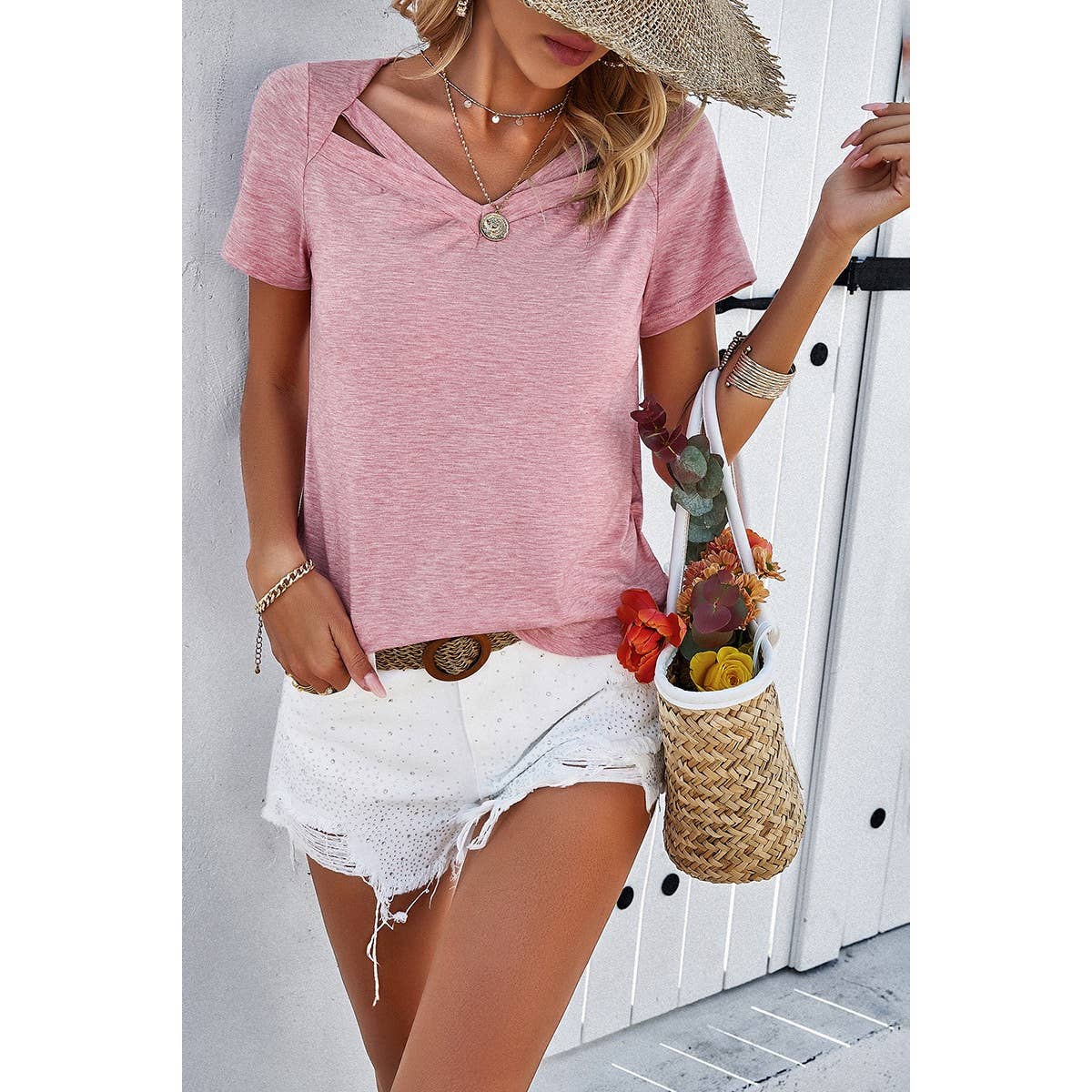 Solid Short Sleeves Loose Fit Cut Out Shirt