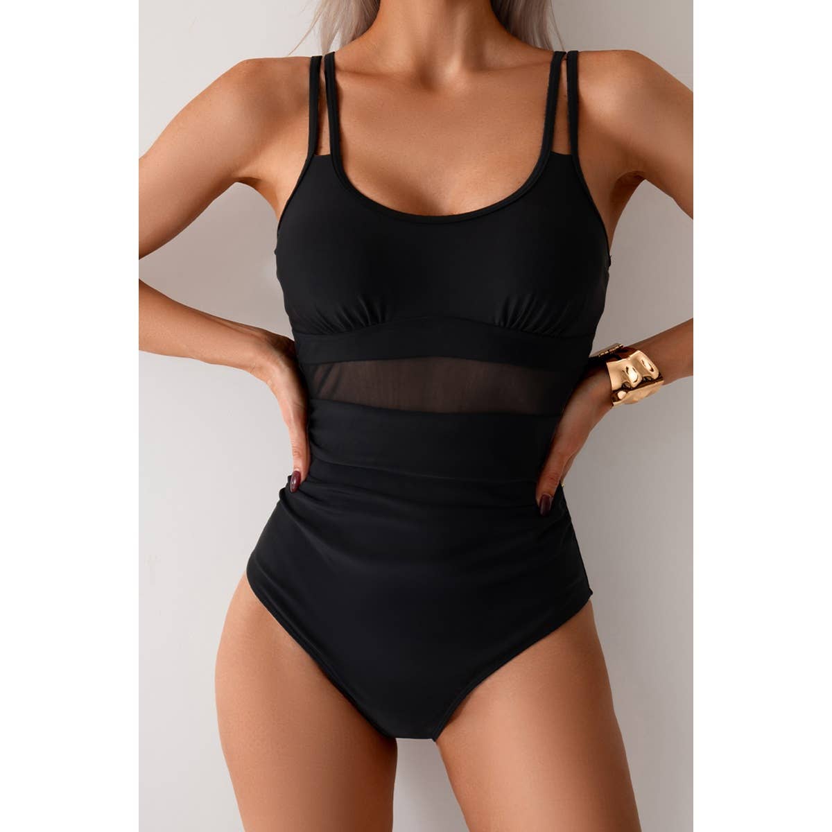 Solid Square Beck Double Strap Mesh Swimsuit