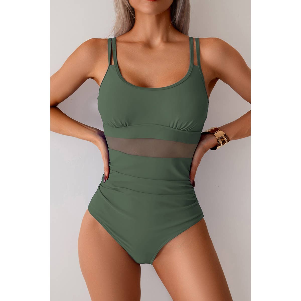 Solid Square Beck Double Strap Mesh Swimsuit