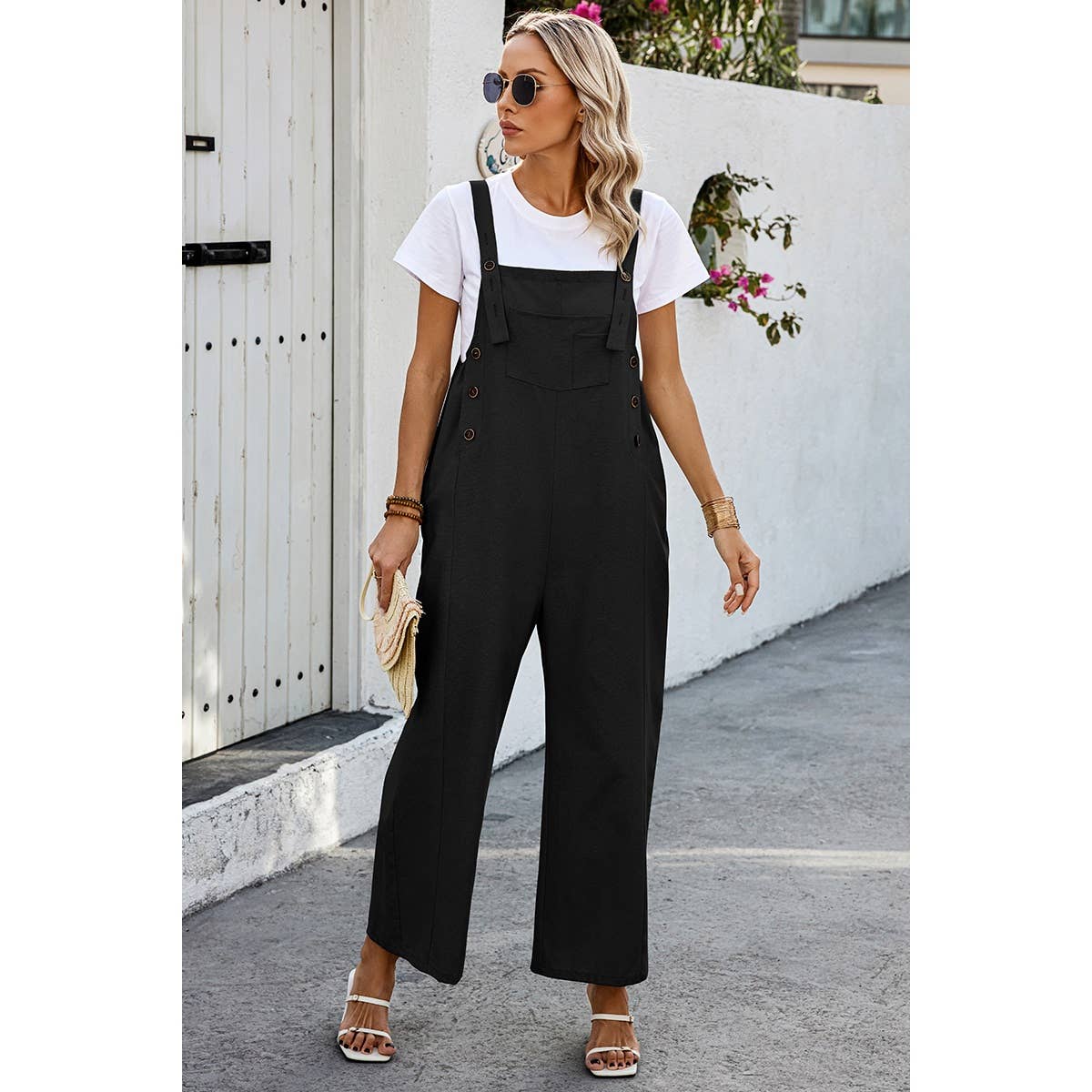 Solid Square Neck Button Trim Pockets Jumpsuit