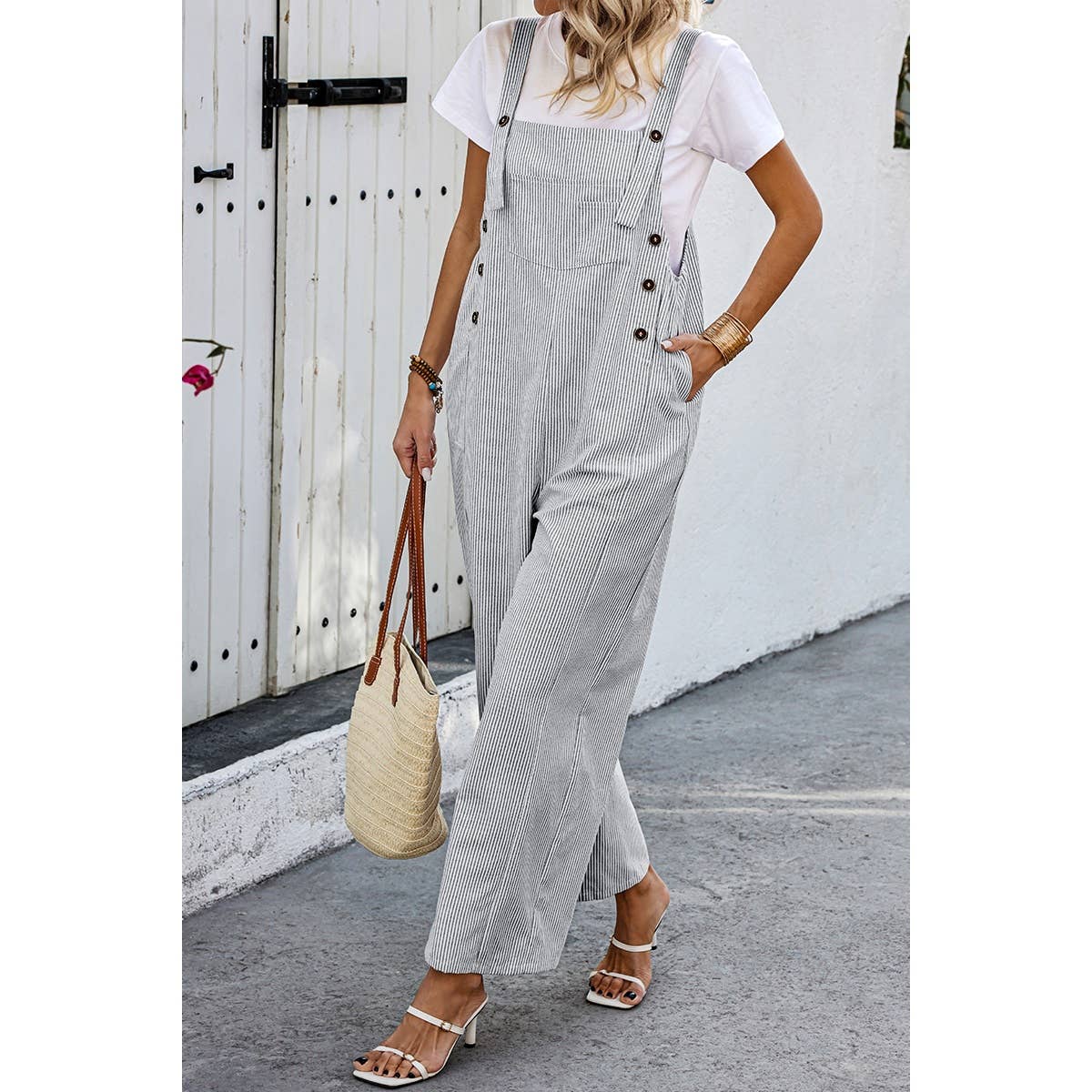 Solid Square Neck Button Trim Pockets Jumpsuit