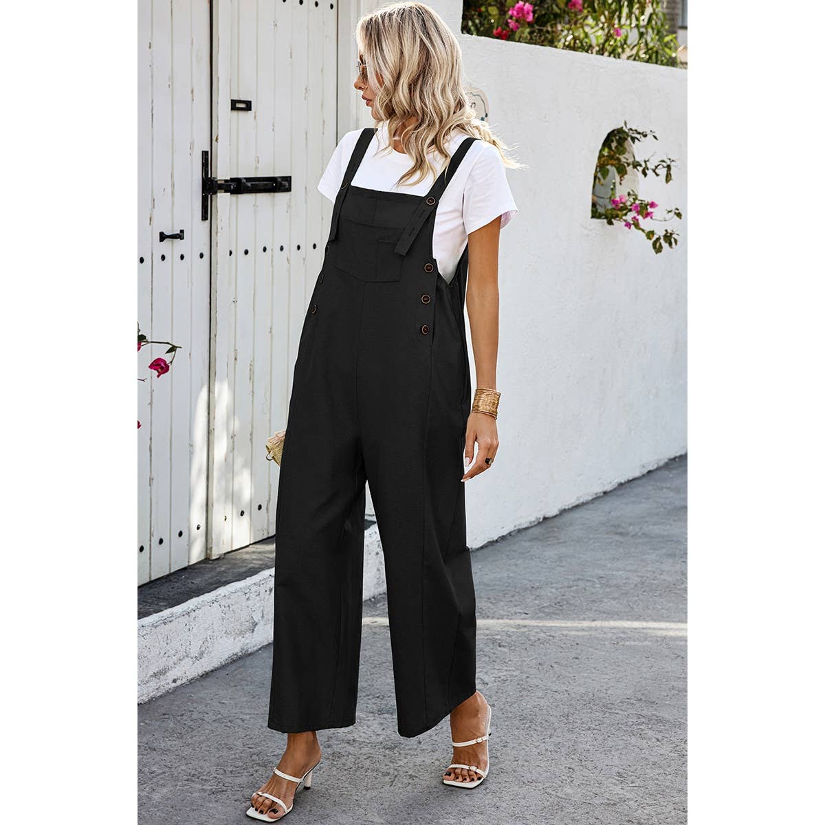 Solid Square Neck Button Trim Pockets Jumpsuit