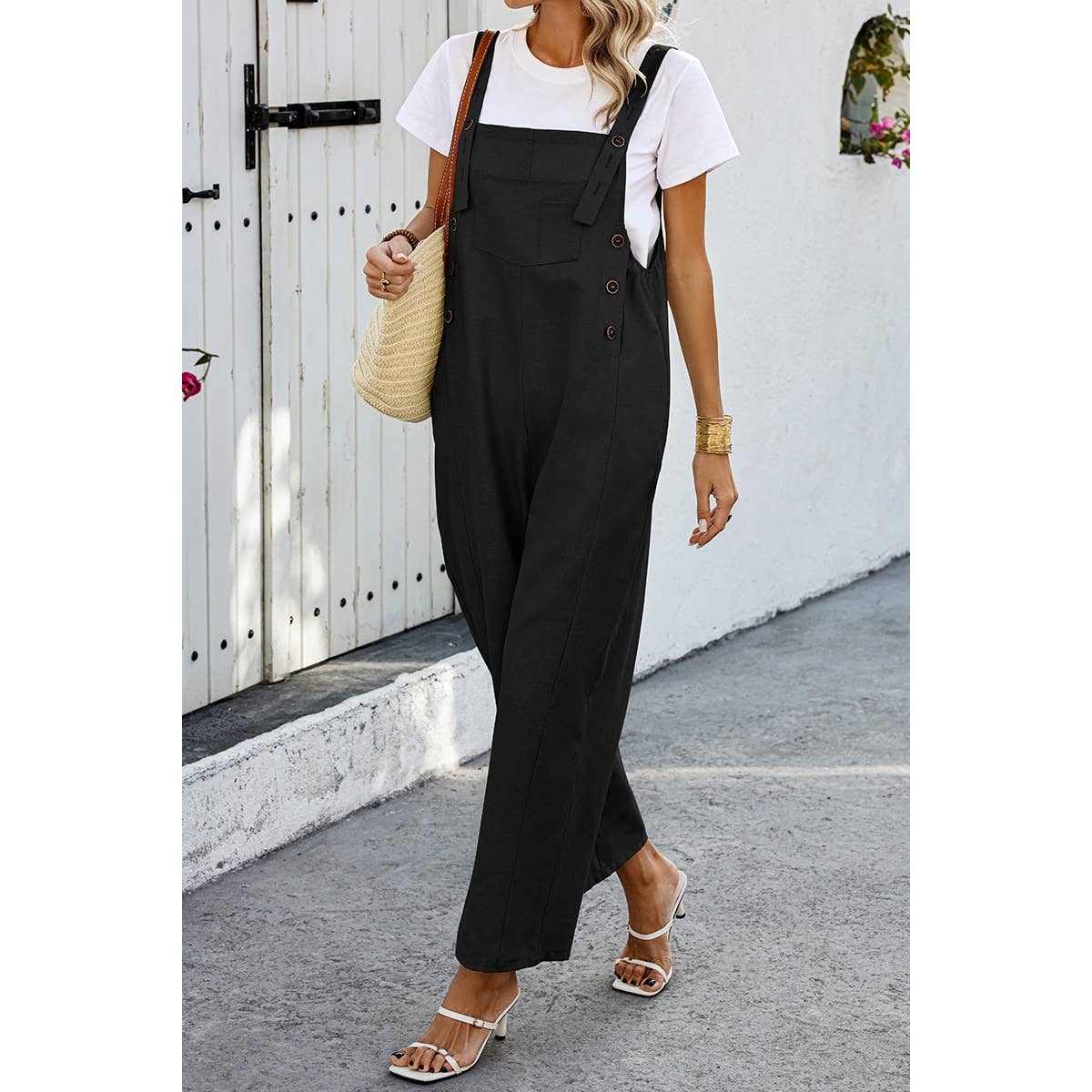 Solid Square Neck Button Trim Pockets Jumpsuit