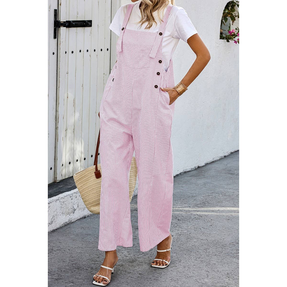 Solid Square Neck Button Trim Pockets Jumpsuit