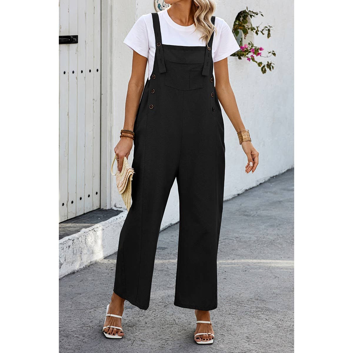 Solid Square Neck Button Trim Pockets Jumpsuit | Jumpsuit - Women's | F, jumpsuit, Jumpsuit and Romper, new arrival | Elings