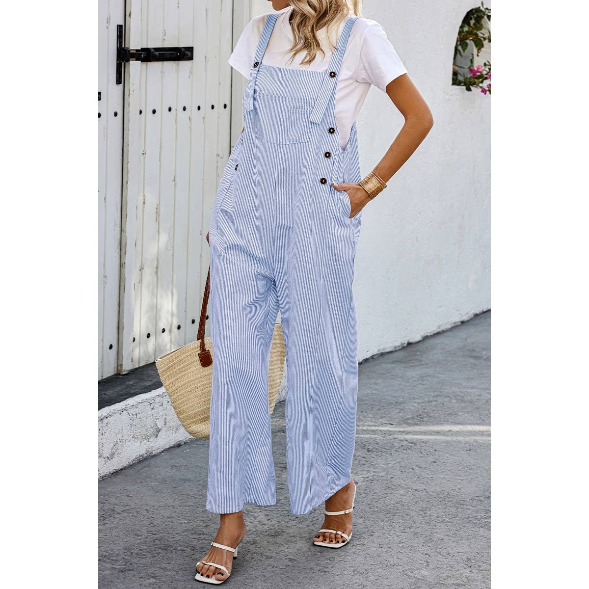 Solid Square Neck Button Trim Pockets Jumpsuit