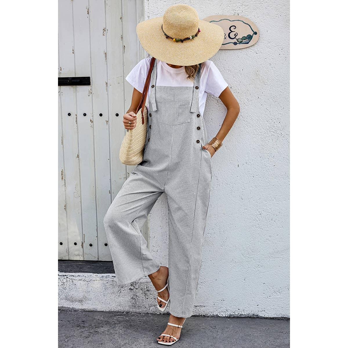 Solid Square Neck Button Trim Pockets Jumpsuit